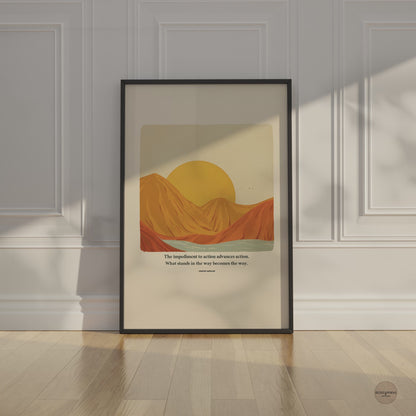 Marcus Aurelius print with nature art in black frame.