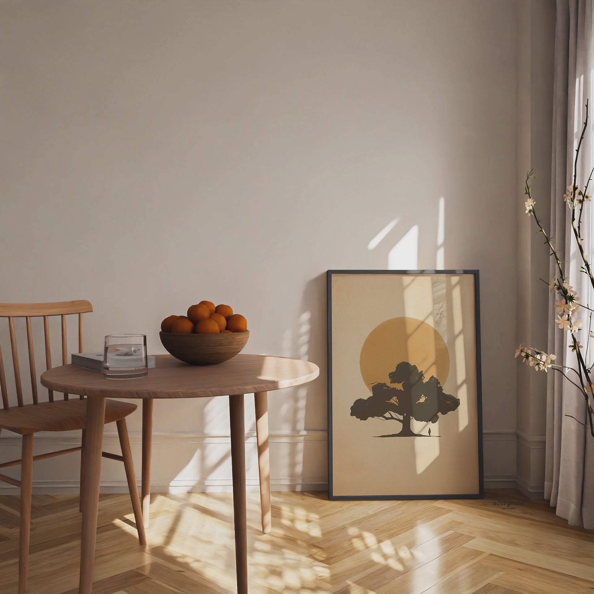 Calming Wall art of a sun and a tree in black frame