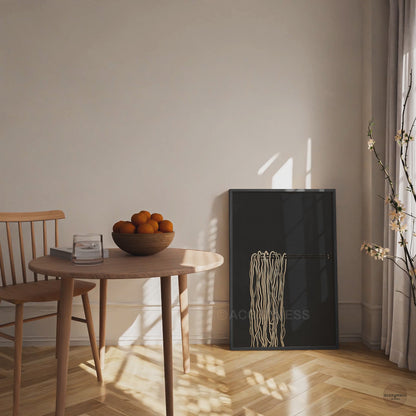 Black-framed ramen wall art with chopsticks noodle illustration in black, gray, and beige for modern kitchen decor.