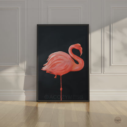 Black framed flamingo art poster with a striking bird illustration on a deep blue background.
