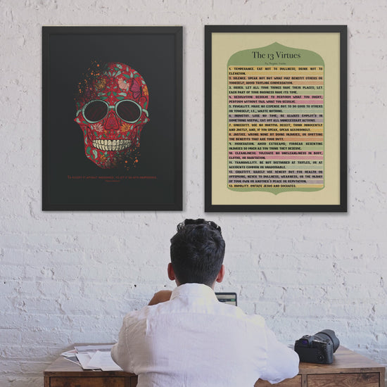 13 virtues poster and marcus aurelius poster on success and failure with skull design office and study wall decor