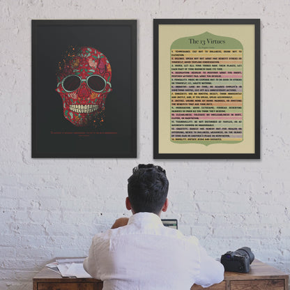 13 virtues poster and marcus aurelius poster on success and failure with skull design office and study wall decor