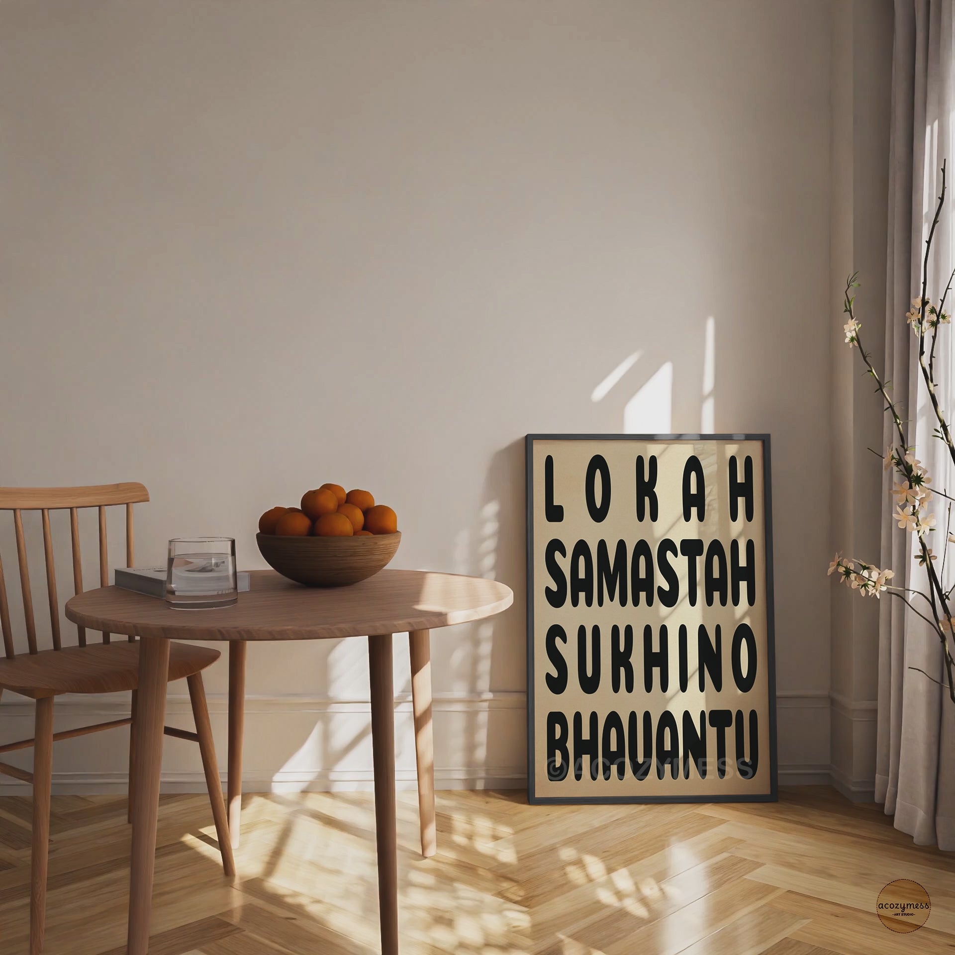 World peace mantra poster black on beige backdrop in black frame