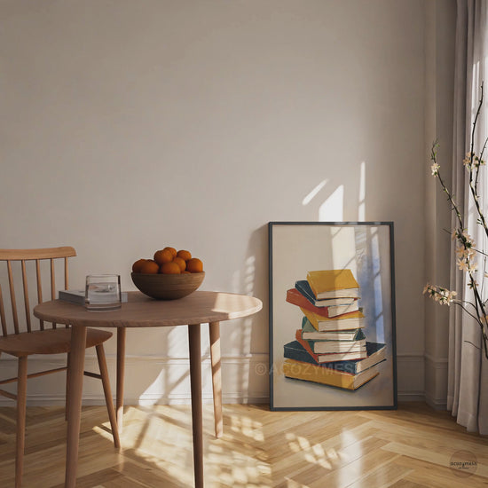 Book stack art print in a black frame, perfect as a library poster for reading nooks and study spaces