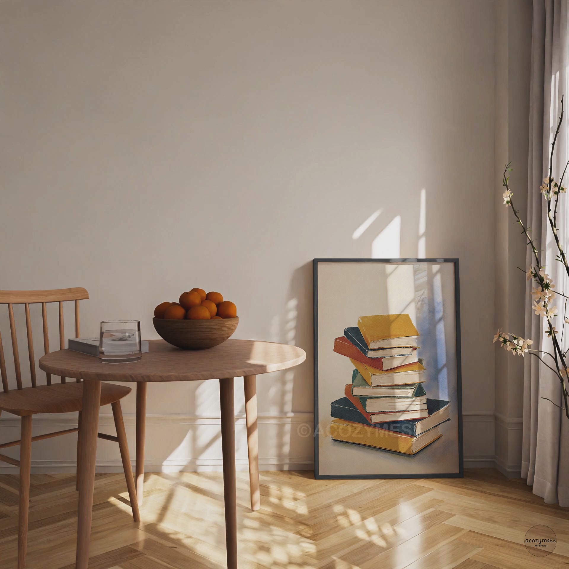 Book stack art print in a black frame, perfect as a library poster for reading nooks and study spaces