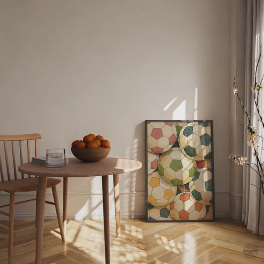 Black-framed soccer balls illustration wall art in muted colors, modern sports decor 