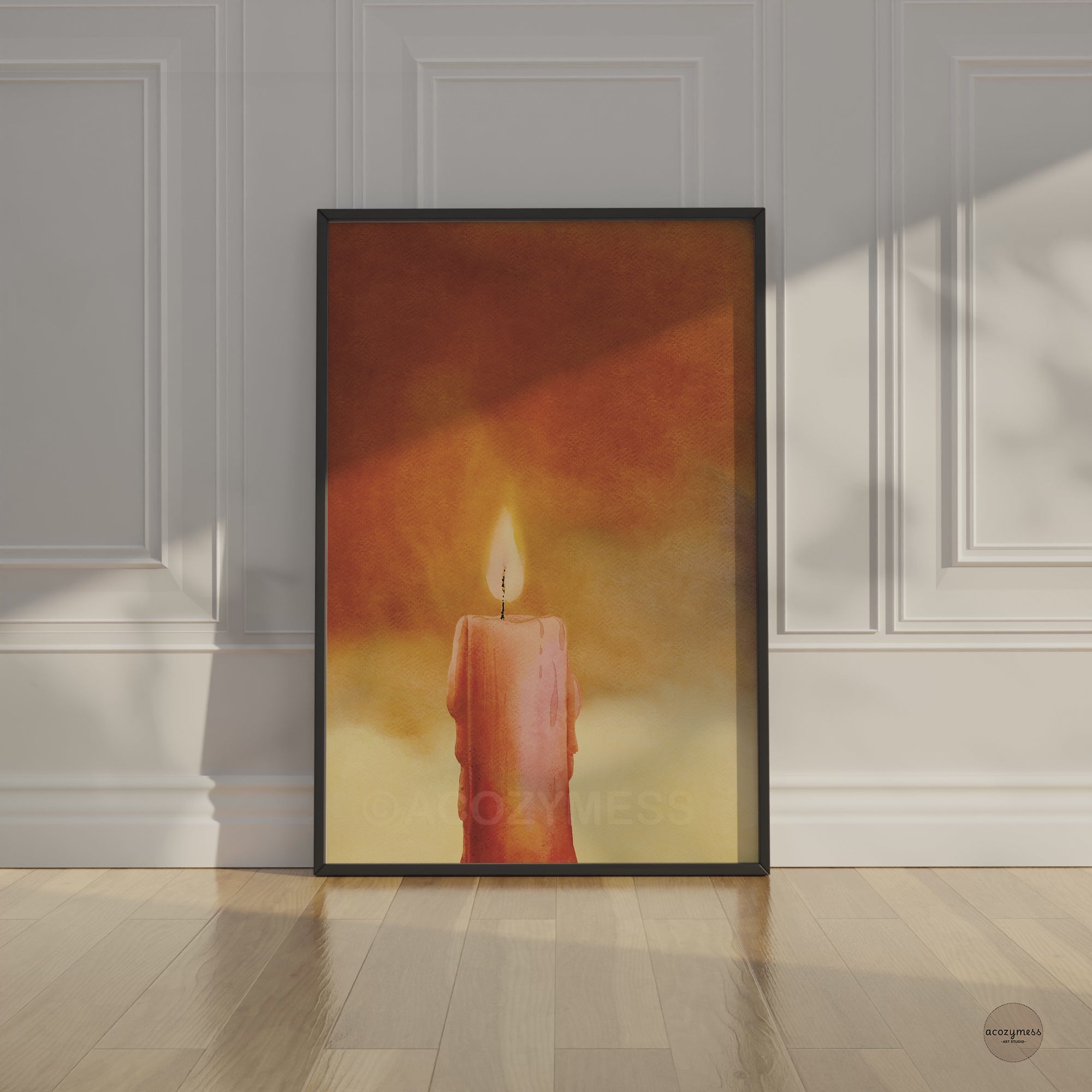 Black framed candle art poster featuring a warm candle illustration, designed as calming wall decor for cozy home or meditation spaces.