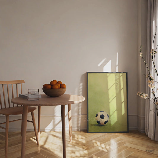 Soccer ball poster in a black frame, classic ball over green grass background with bold modern contrast.