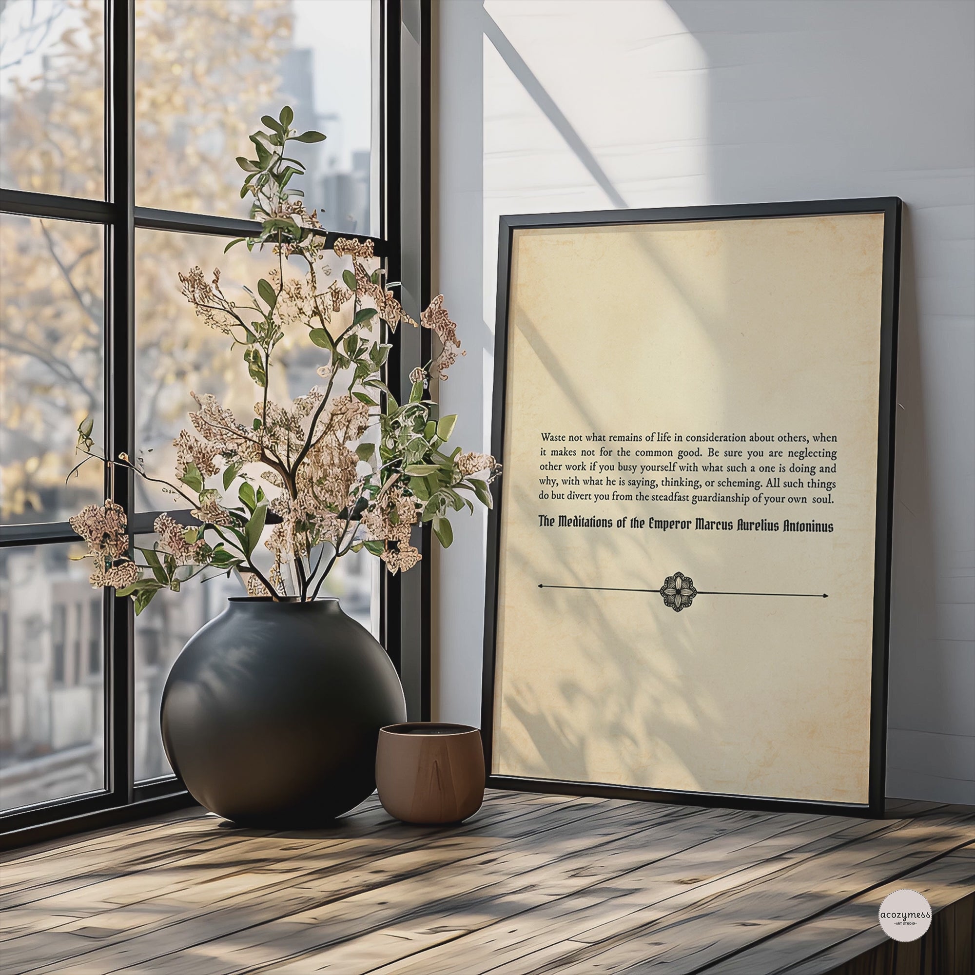 Marcus Aurelius Quote Poster in black frame