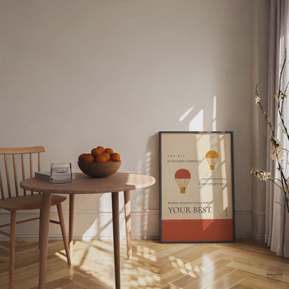 Epictetus quote poster in black frame with beige background and balloons