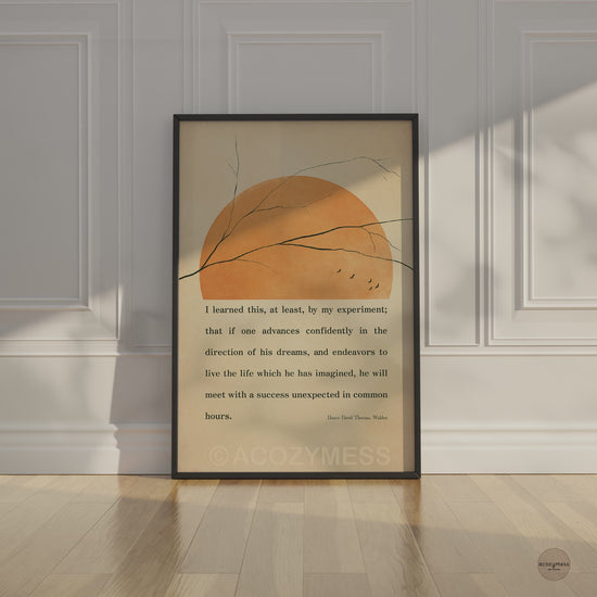 Modern Thoreau wall art in black frame with sun and birds on neutral beige background