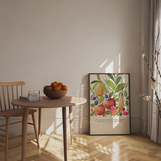 lack framed Fruit of the Spirit poster showcasing colorful fruit illustrations on a beige background, presented as elegant Christian wall art.