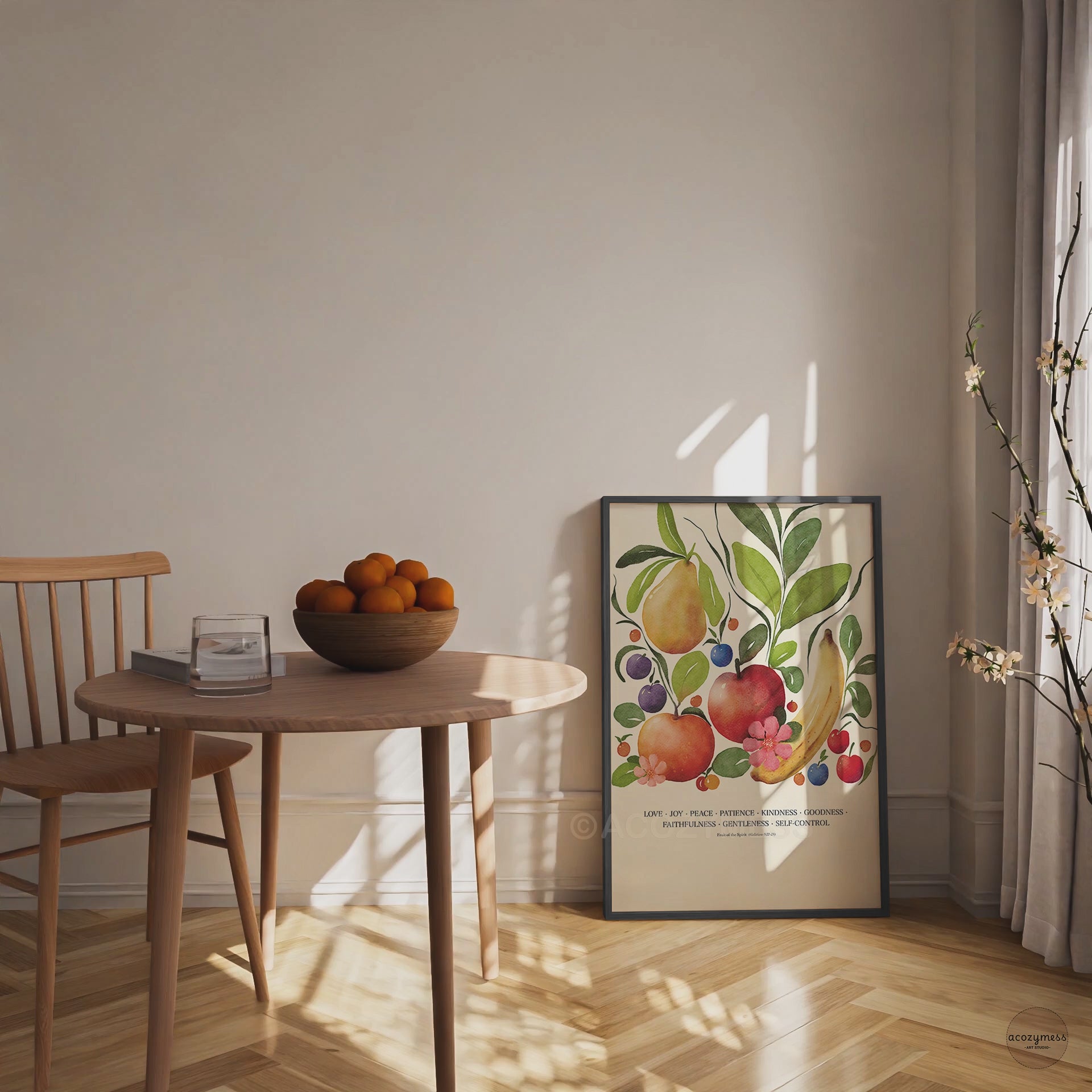 lack framed Fruit of the Spirit poster showcasing colorful fruit illustrations on a beige background, presented as elegant Christian wall art.