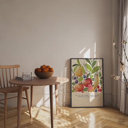 lack framed Fruit of the Spirit poster showcasing colorful fruit illustrations on a beige background, presented as elegant Christian wall art.