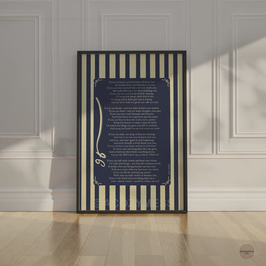Black framed Rudyard Kipling “If—” poem poster featuring a calm blue stripe design and classic poetry layout.