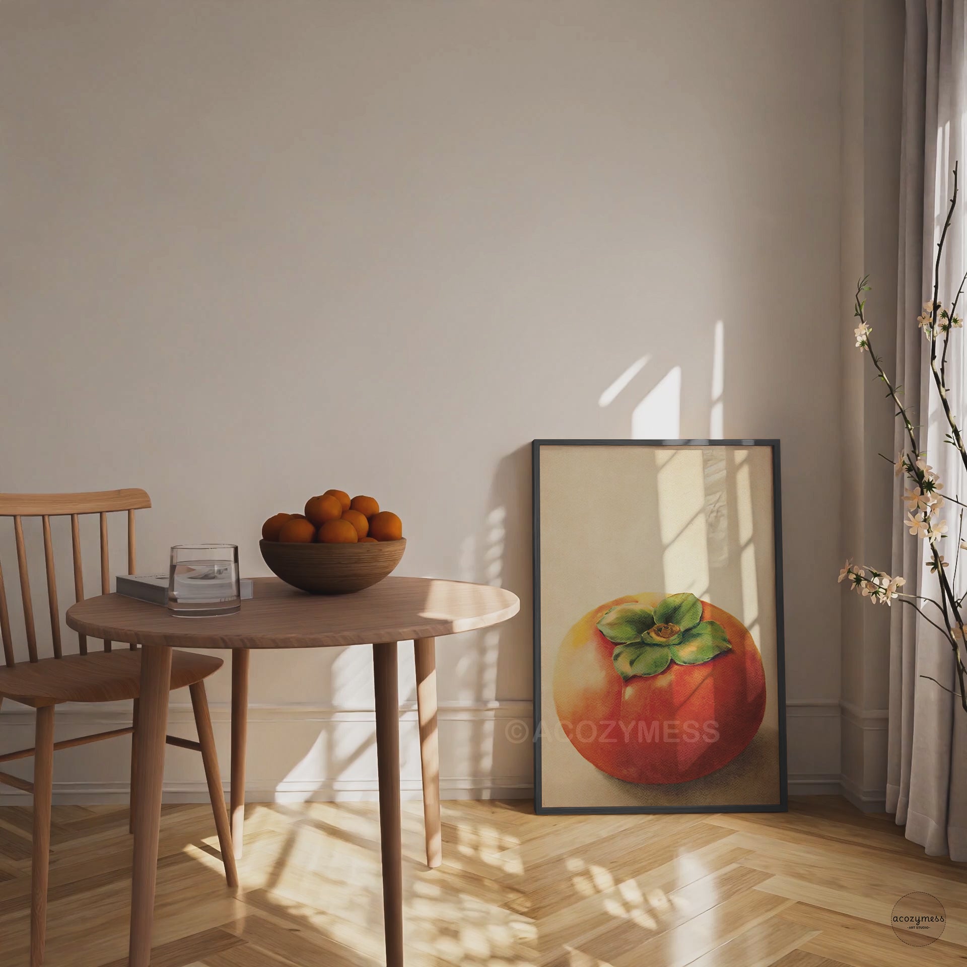 Contemporary fruit wall art in black frame—minimal persimmon still life on beige neutral background for dining decor.
