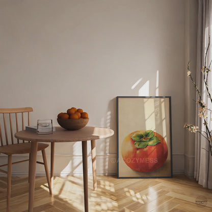 Contemporary fruit wall art in black frame—minimal persimmon still life on beige neutral background for dining decor.