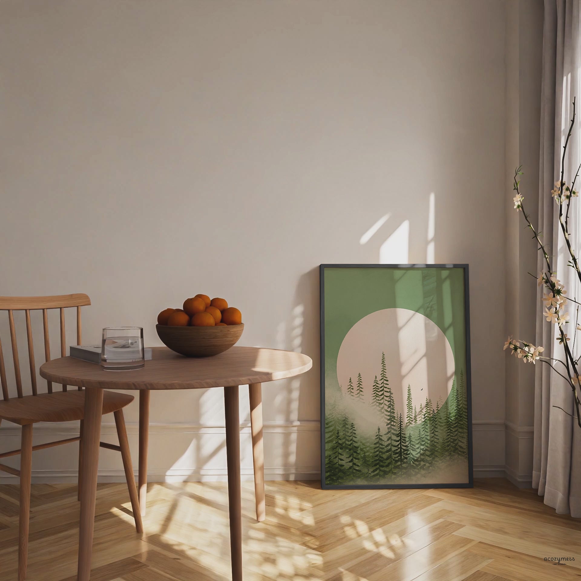 Foggy pine tree forest in shades of emerald green with a full moon in the background, for home or office wall decor