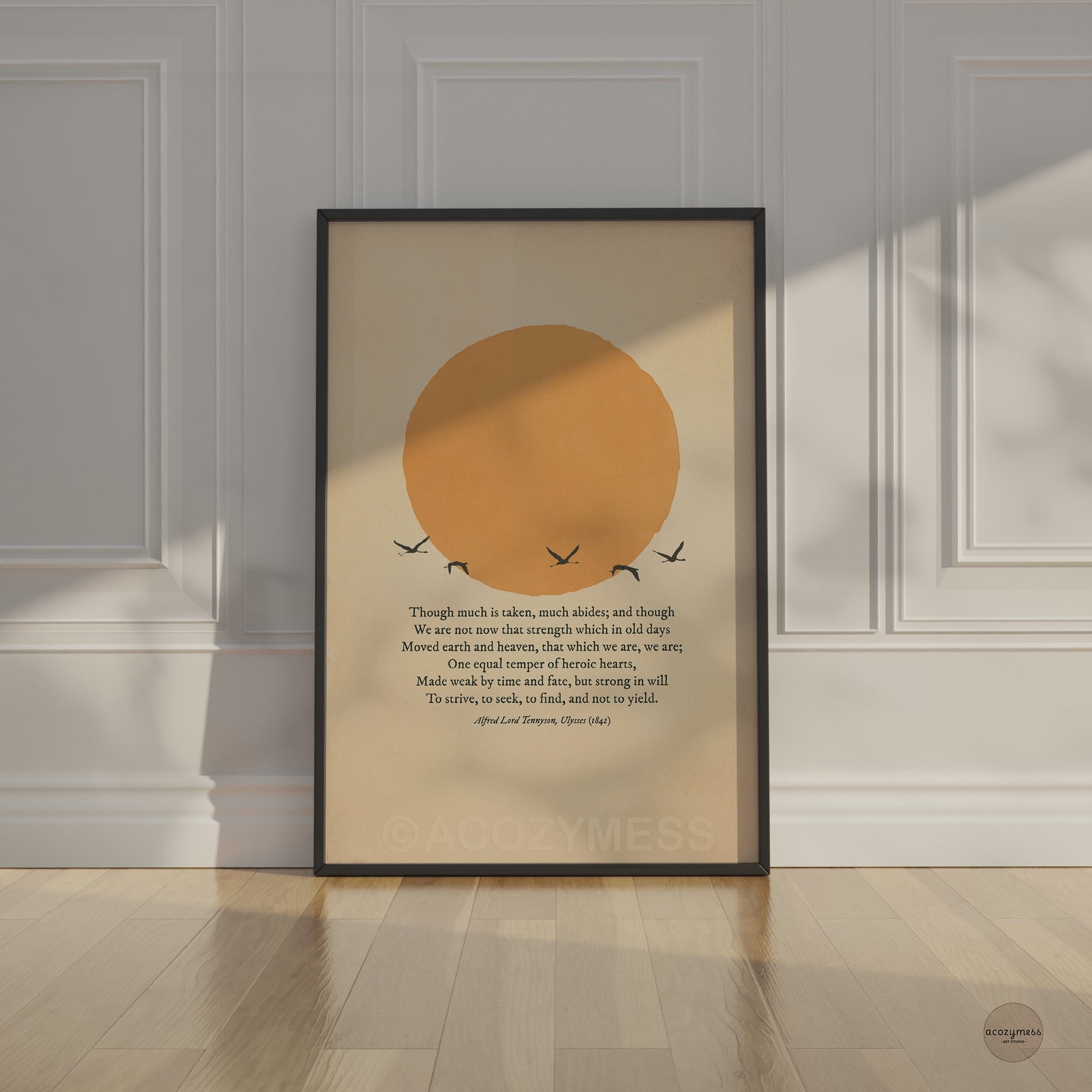 Ulysses poem wall art in black frame with beige background and flying birds