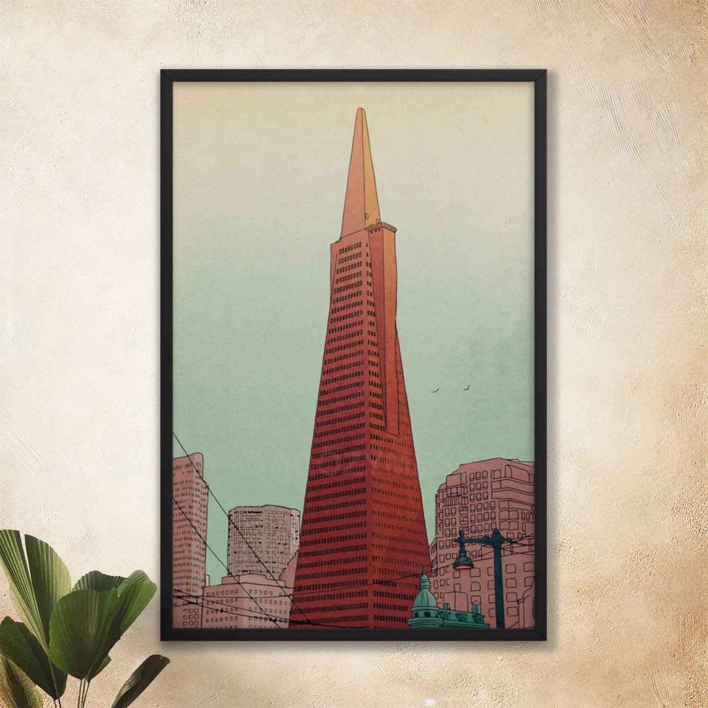 San Francisco Illustrated poster featuring Transamerica Pyramid displayed in black frame prefect for office wall decor