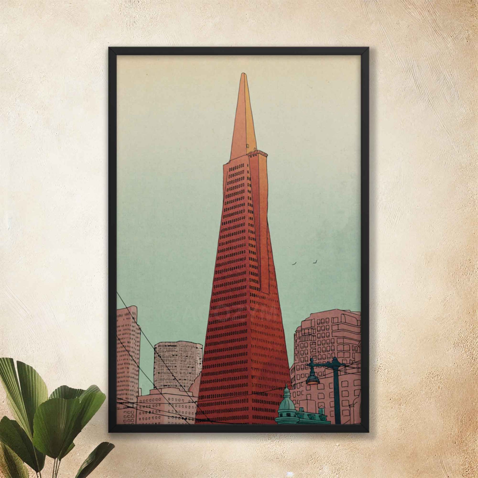 San Francisco Illustrated poster featuring Transamerica Pyramid displayed in black frame prefect for office wall decor