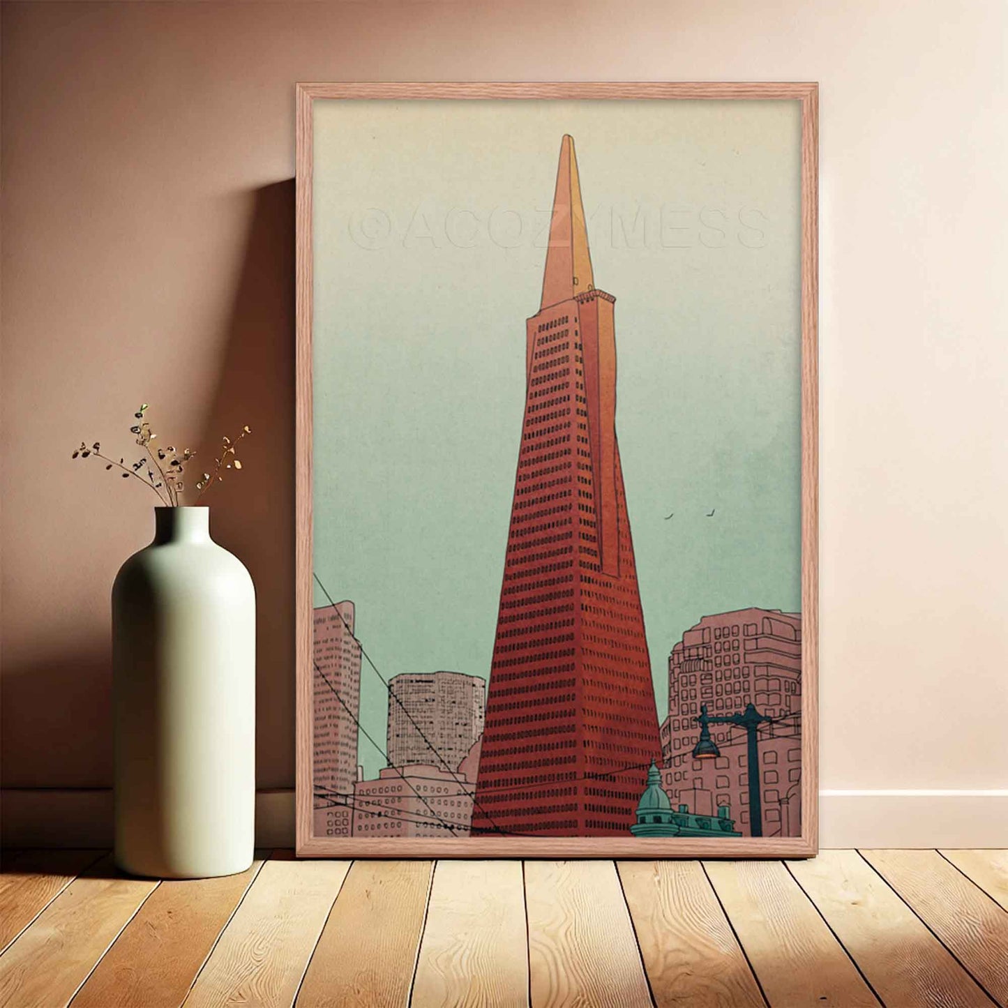 San Francisco Illustrated poster featuring Transamerica Pyramid displayed in oakwood frame.