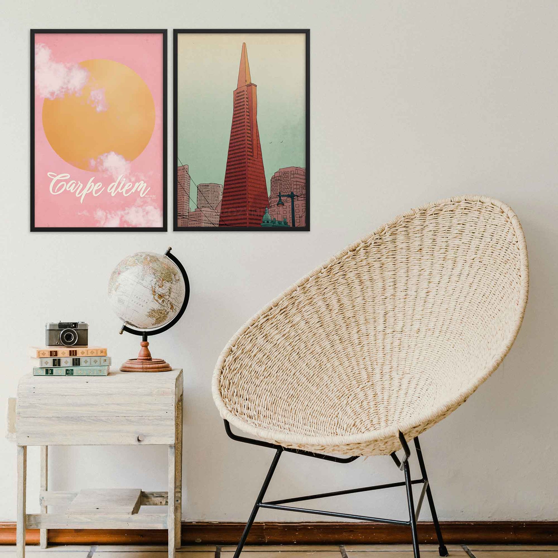 San Francisco Illustrated poster featuring Transamerica Pyramid displayed in black frame on a gallery wall.