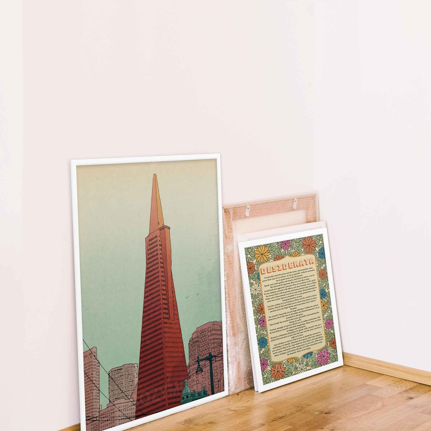 San Francisco Illustrated poster featuring Transamerica Pyramid displayed in white frame.