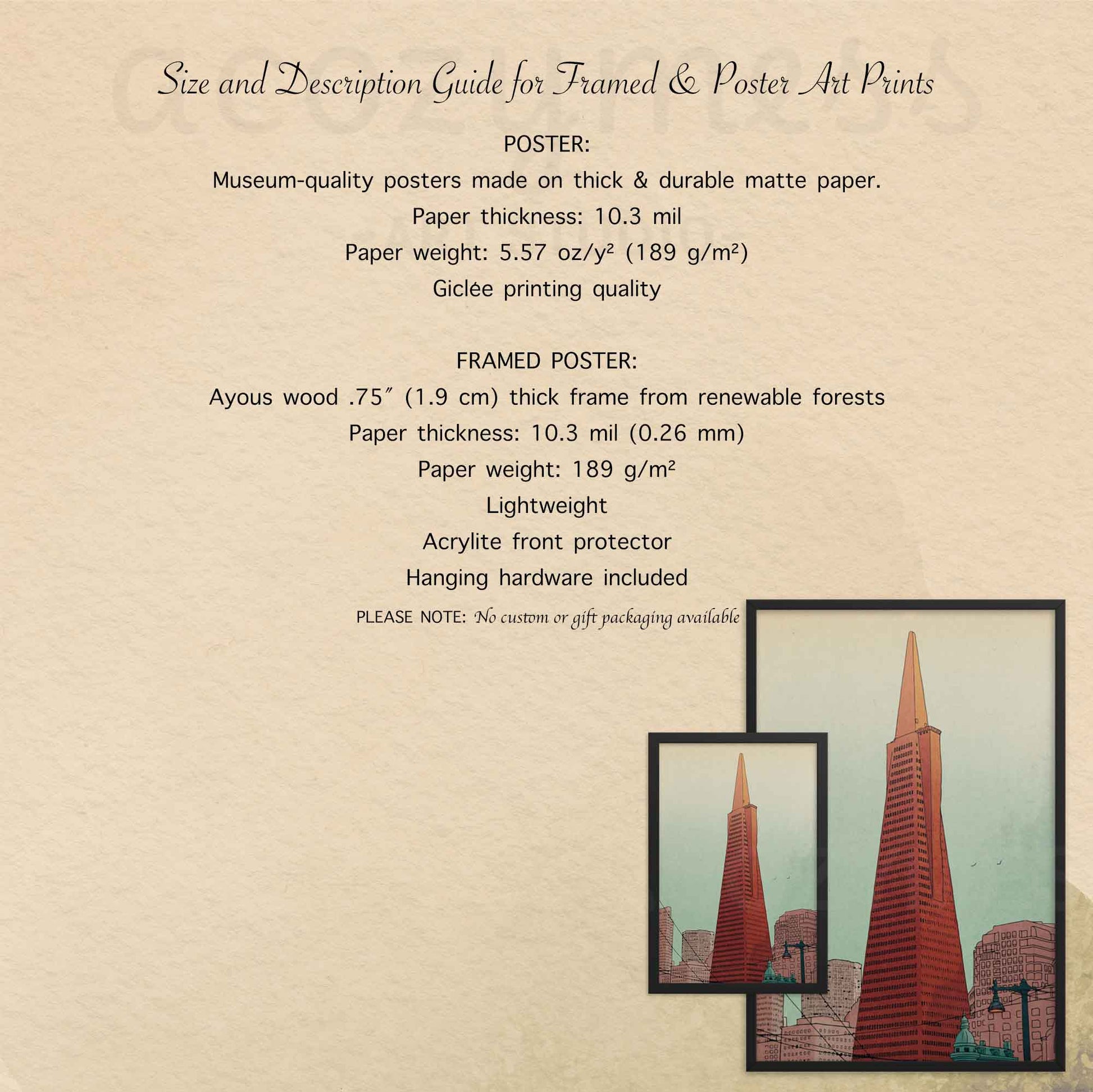 size description for Transamerica pyramid, san Francisco poster available in both framed and unframed option.