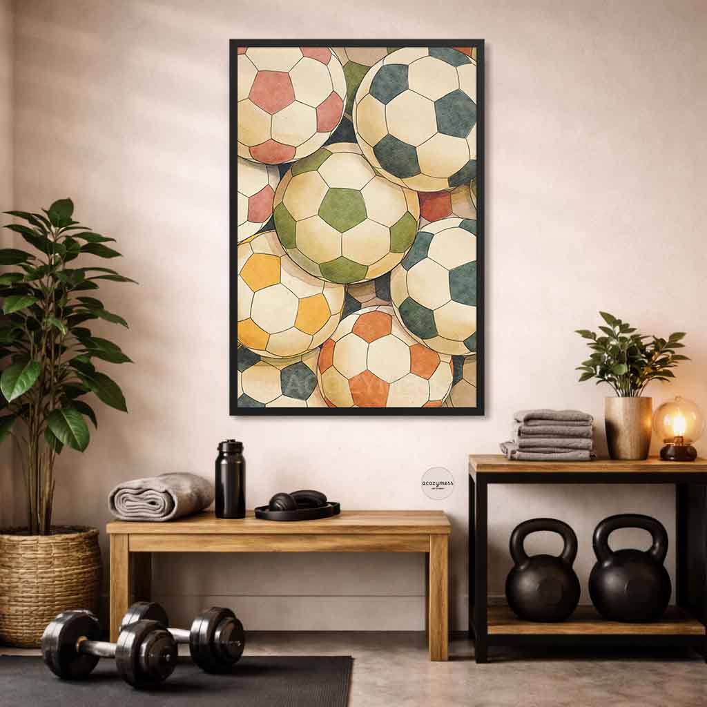 Gym interior with sports-themed wall art of soccer balls in black frame.