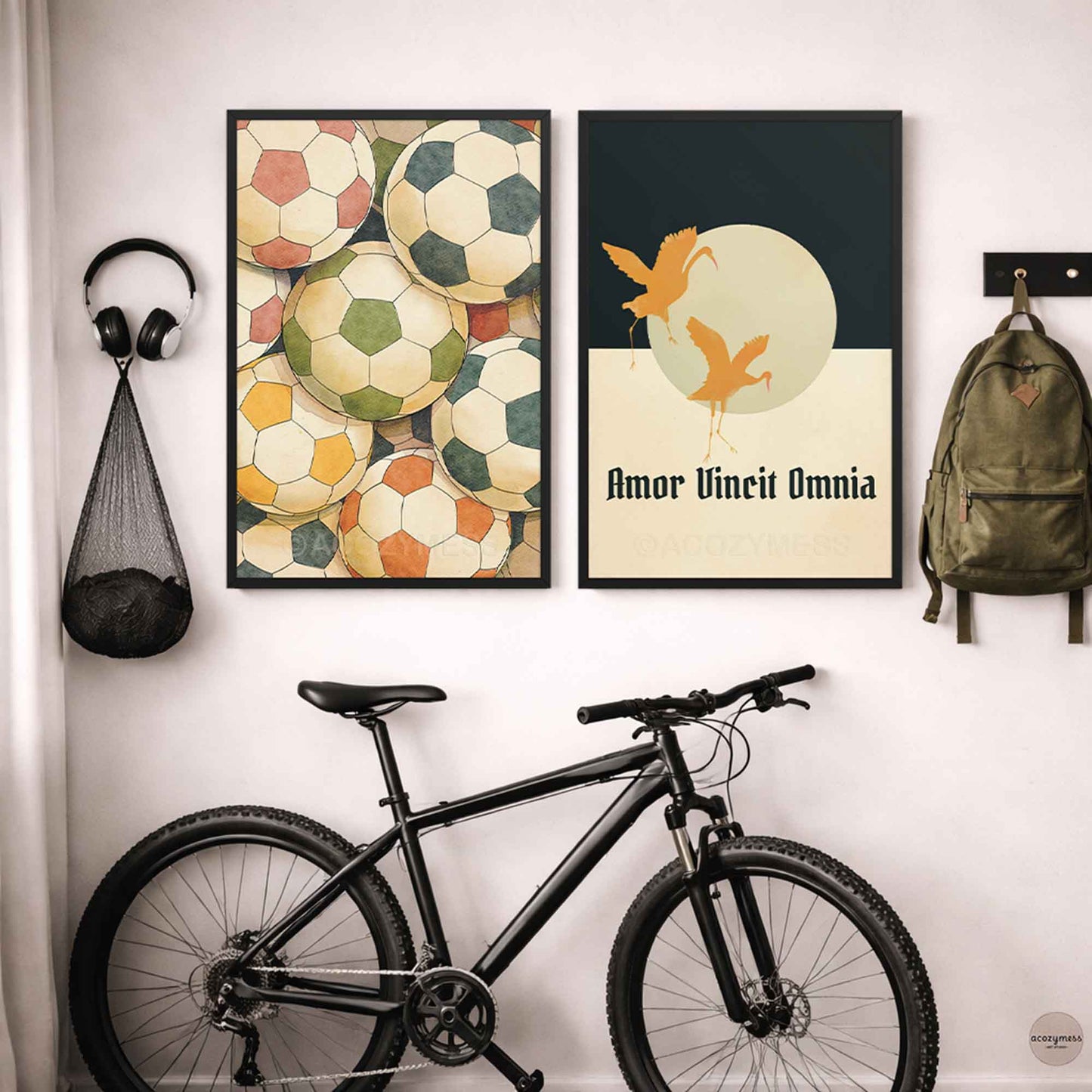 Soccer balls illustration wall art in black frame featuring toned-down colors and a modern sports aesthetic.