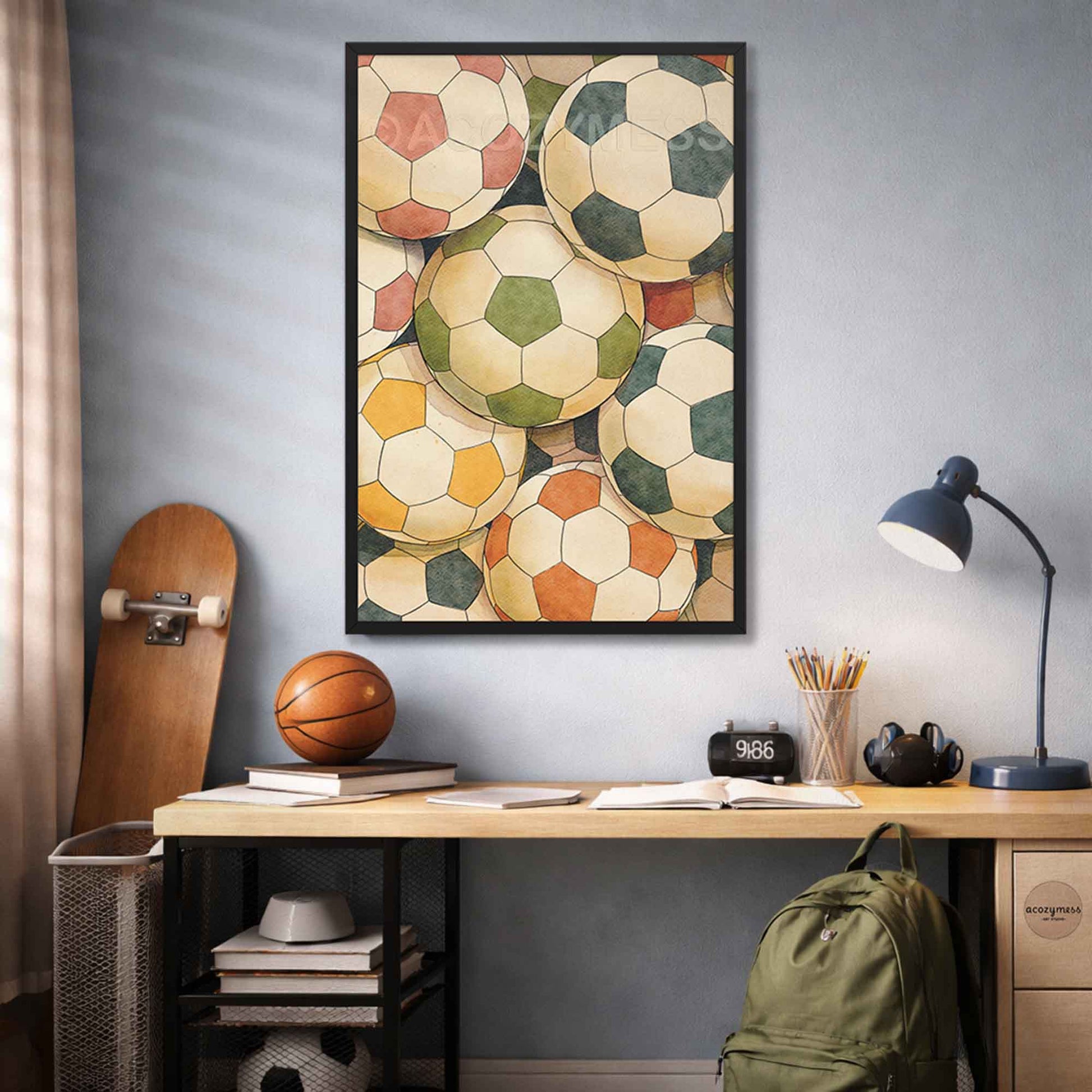 Decorative wall art of soccer balls in a modern room with a desk and sports-themed items.