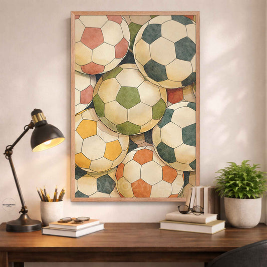 Decorative wall art of soccer balls in a wooden oakwood frame on a wall above a desk.