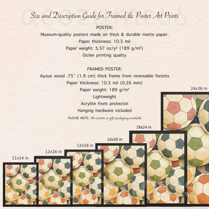 Size and description guide for framed and poster art prints with soccer ball pattern.