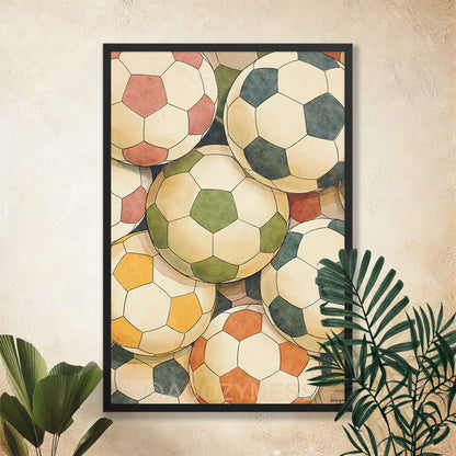 Black Framed artwork of colorful soccer balls on a textured wall with plants.