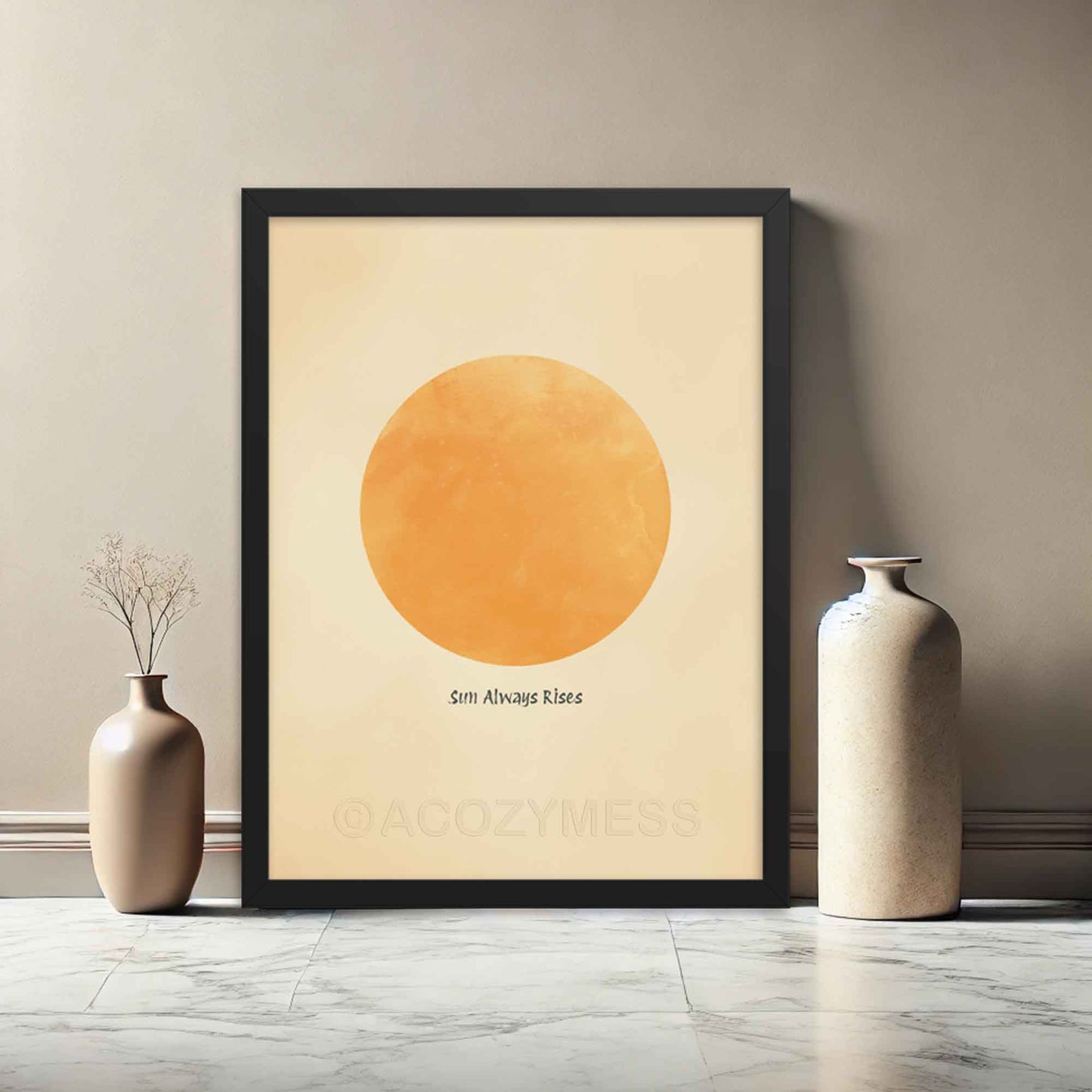 sun art print with quote sun always rises on beige background, in black frame