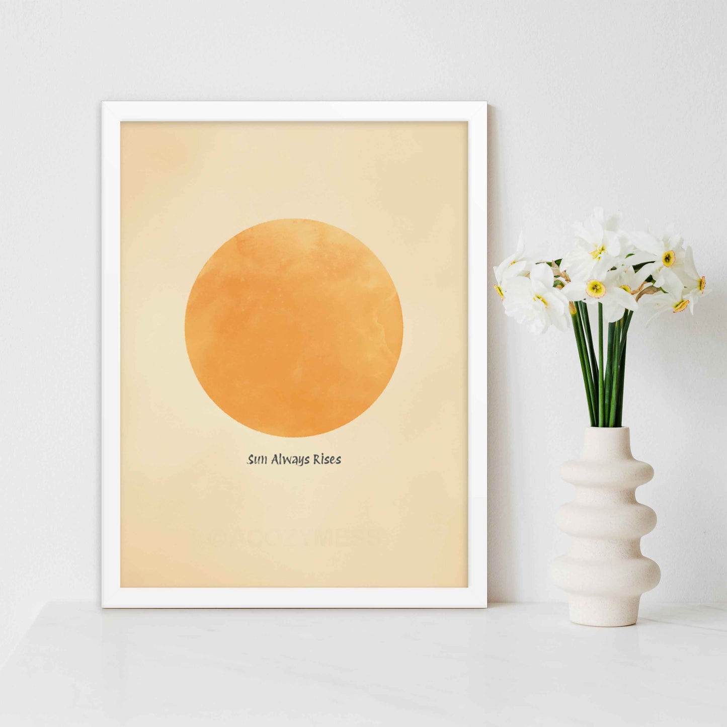 Minimalist motivational poster with the quote 'Sun Always Rises,' designed to add a touch of aesthetic simplicity in white frame