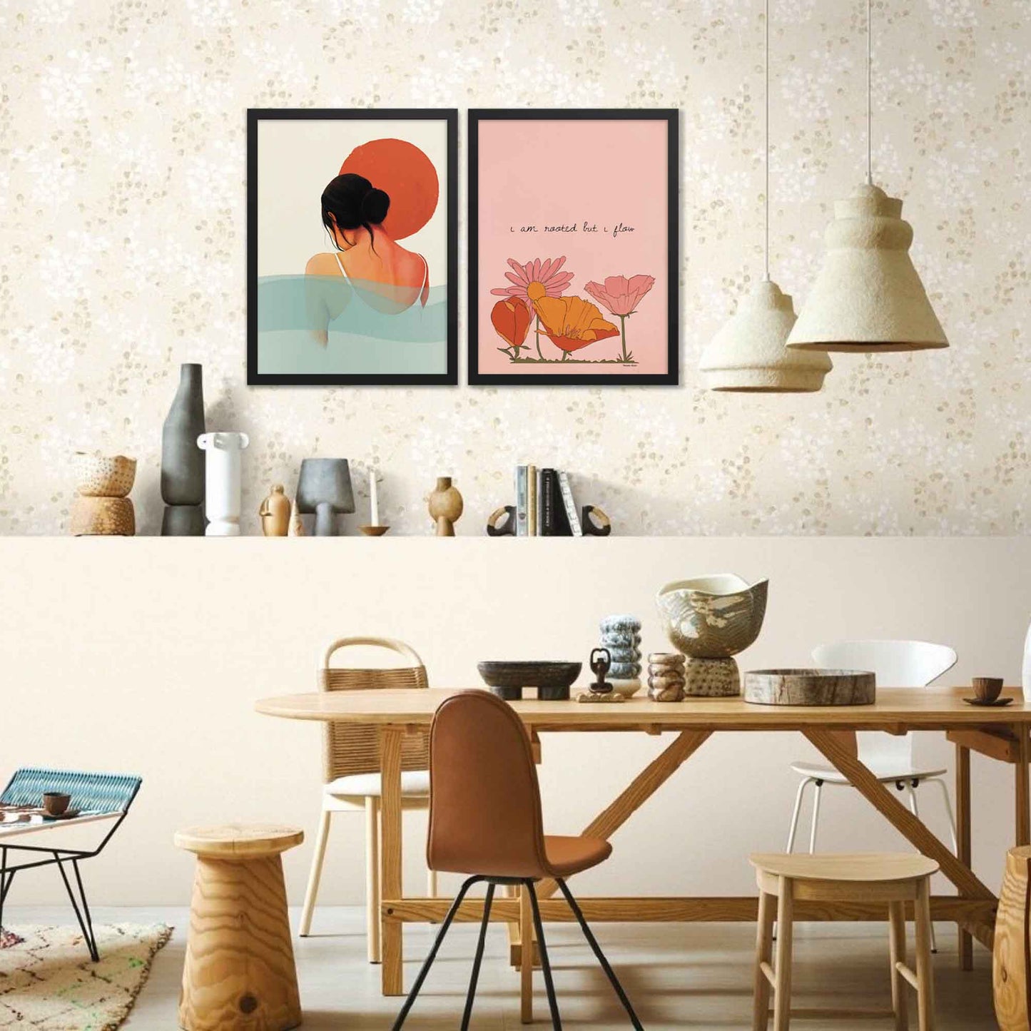 Nature inspired Calming wall art of sun and water featuring a woman in orange, white, pink and blue colors, displayed in black frame.