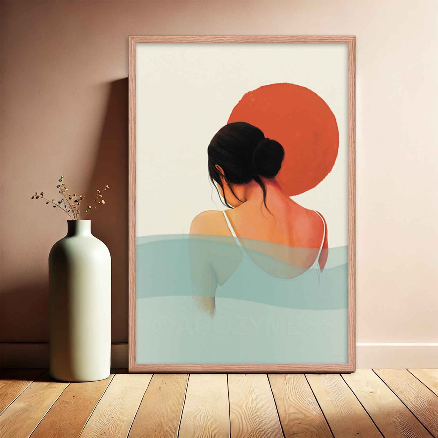 Nature inspired Calming wall art of sun and water featuring a woman in orange, white, pink and blue colors, displayed in oakwood frame