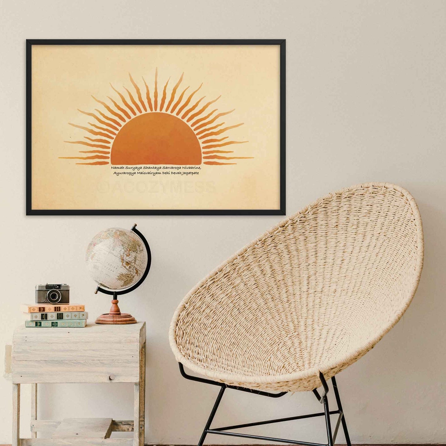 sun mantra poster in orange and beige colors, Suryaye namah mantra sun wall art in black frame