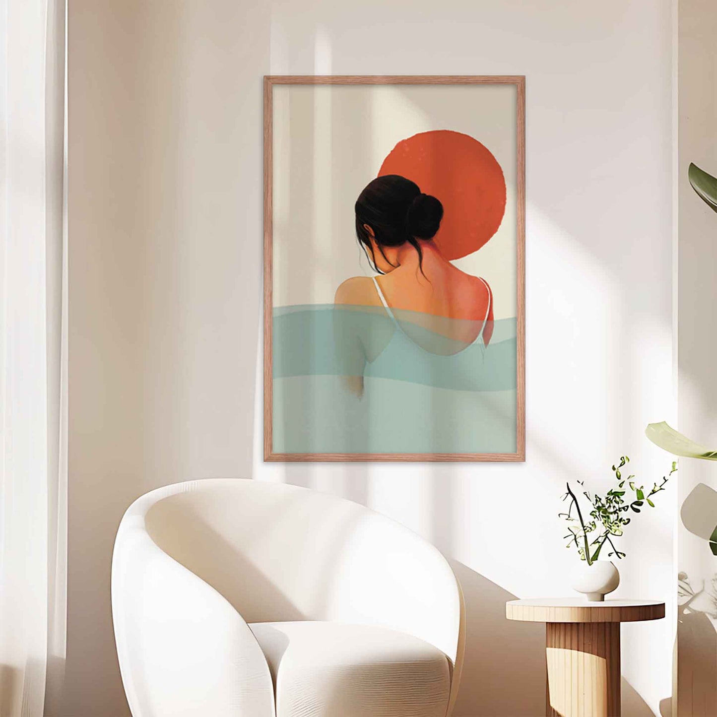 Calming wall art of sun and water featuring a woman in orange, white, pink and blue colors, displayed in oakwood frame