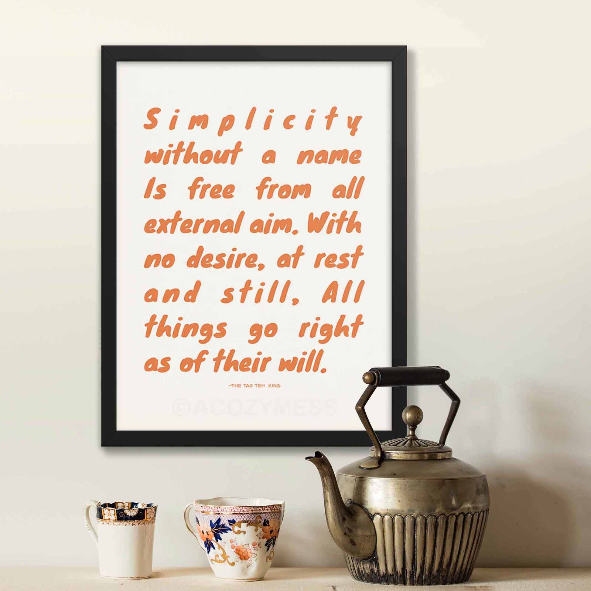 Typography poster wall art featuring tao teh king quote displayed in black frame