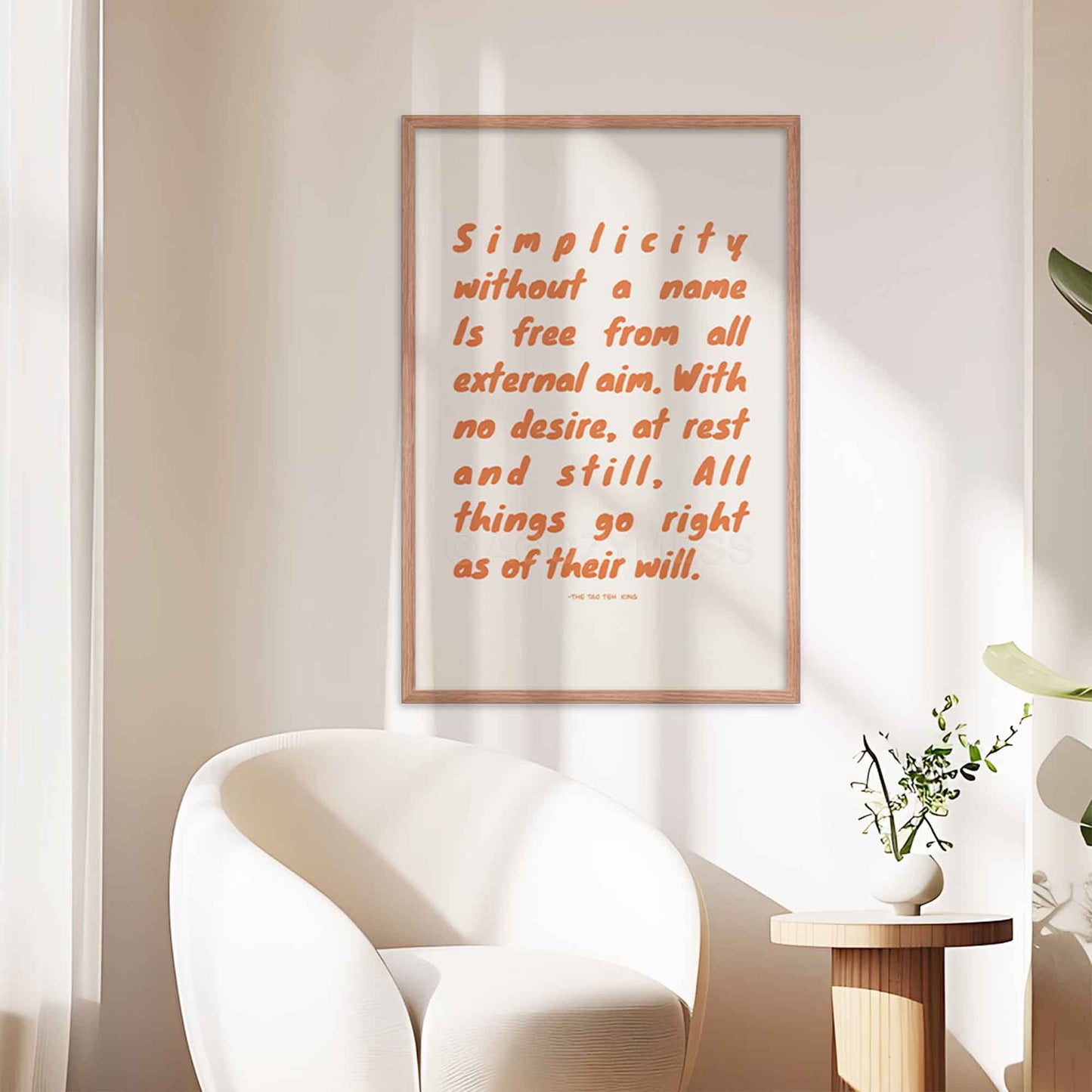 Typography poster featuring tao teh king quote displayed in oakwood frame