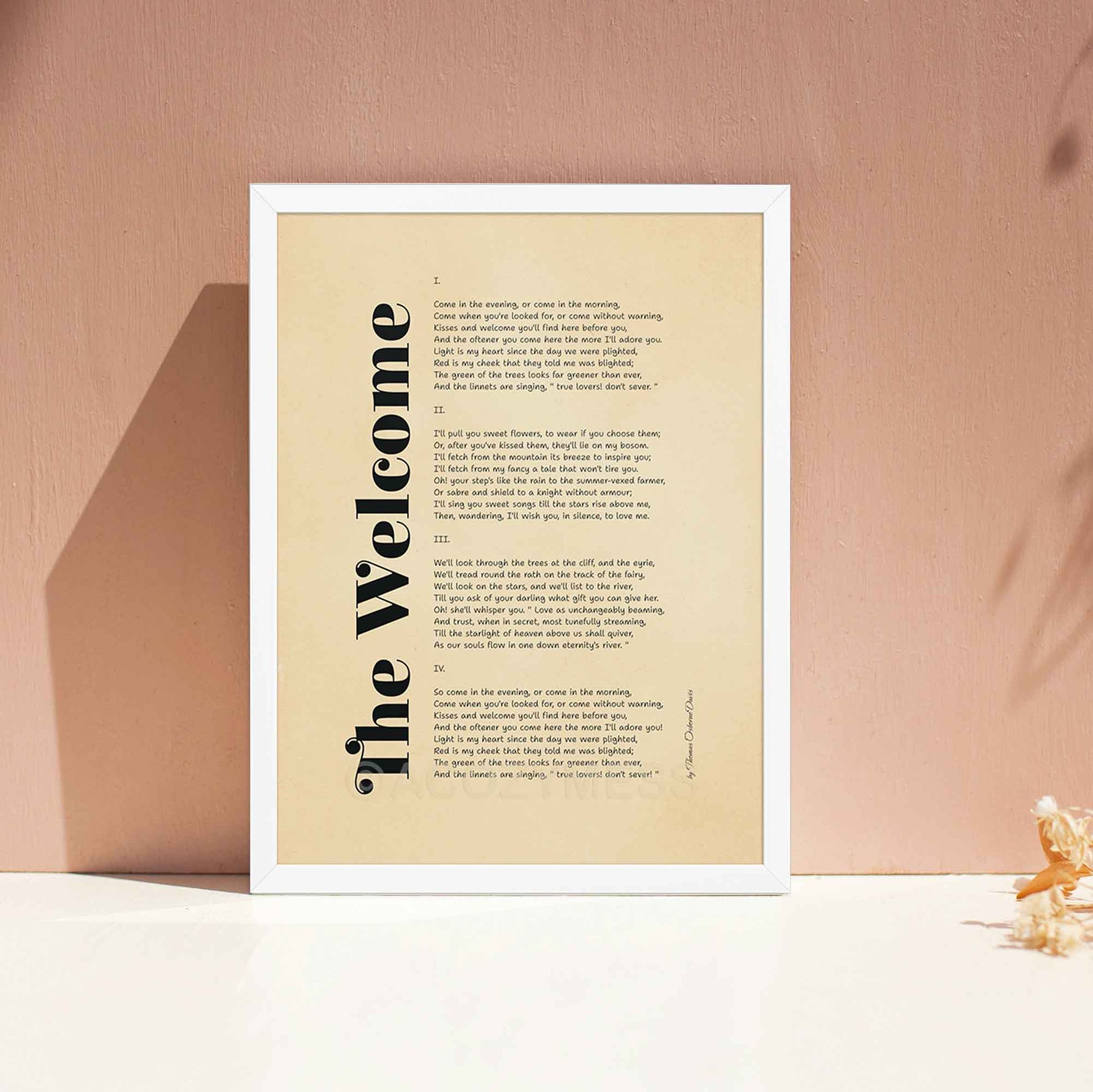 the welcome poem by thomas osborne davis, simple minimalist style, framed in white