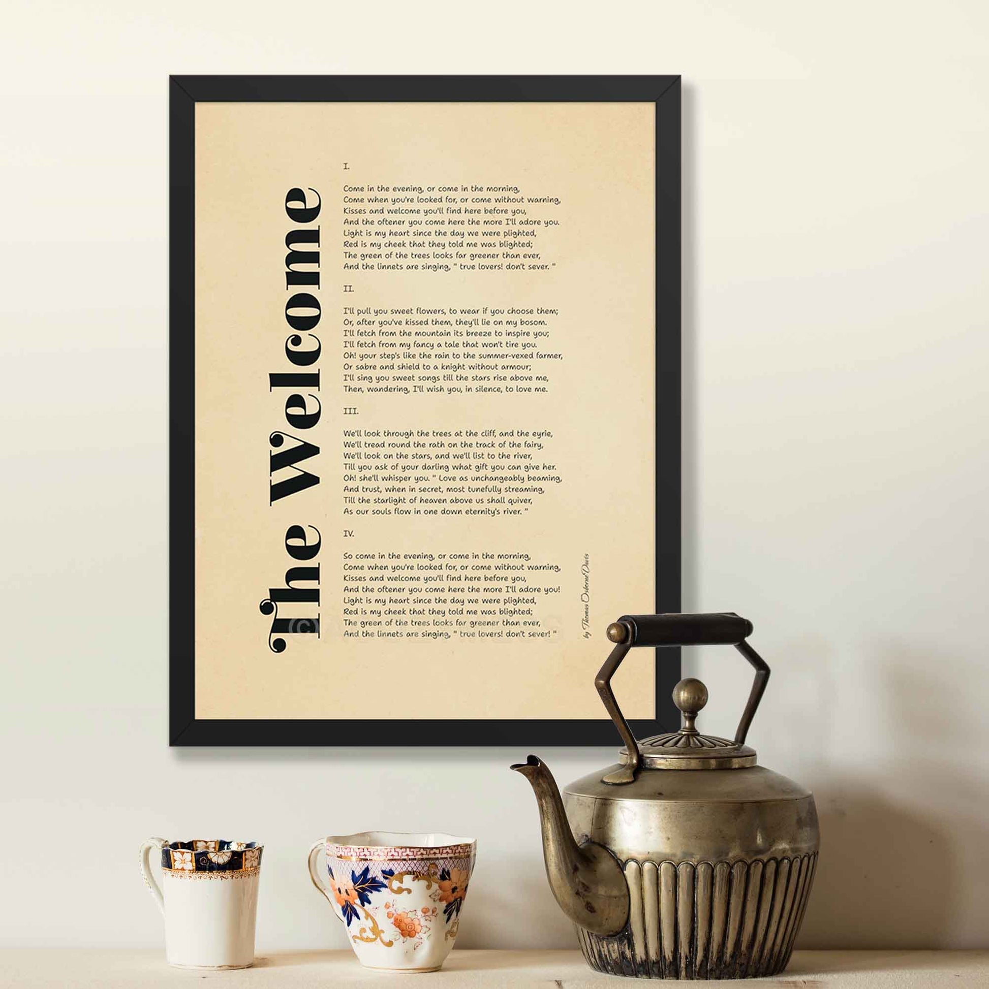 the welcome poem by Thomas Osborne Davis, simple minimalist style, in black frame