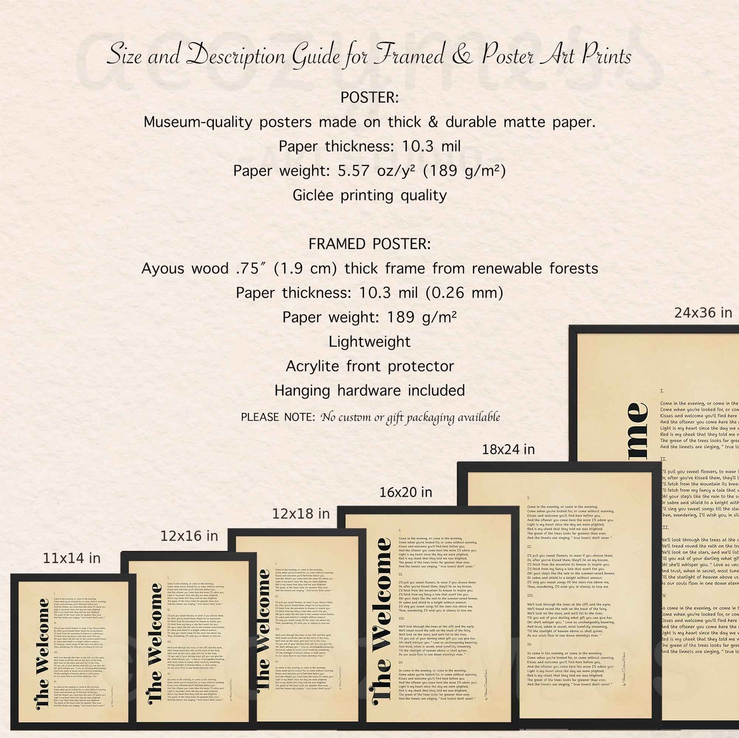 11x14, 12x16, 12x18, 16x20, 18x24, 20x30 framed and unframed poster options description guide for Poem Poster Print