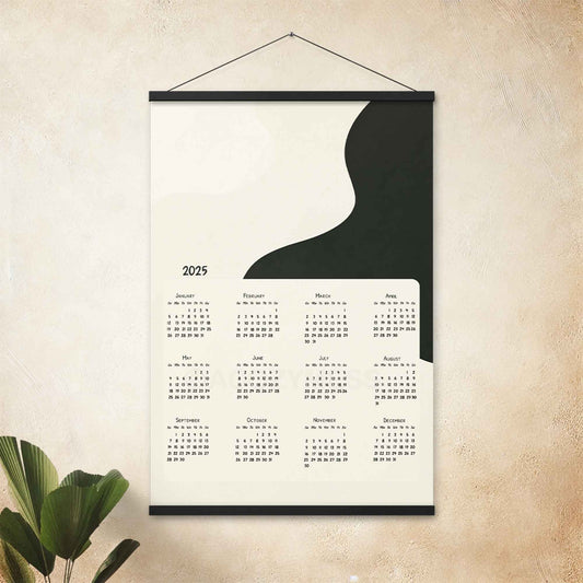 2025 yearly calendar poster with minimalist design, in black hanger, perfect for modern home or office decor.