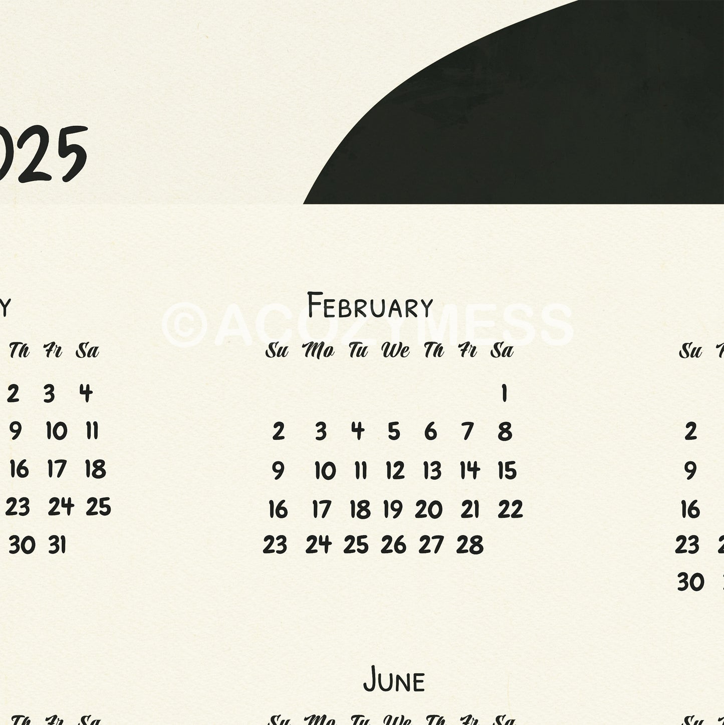 close image of 2025 calendar