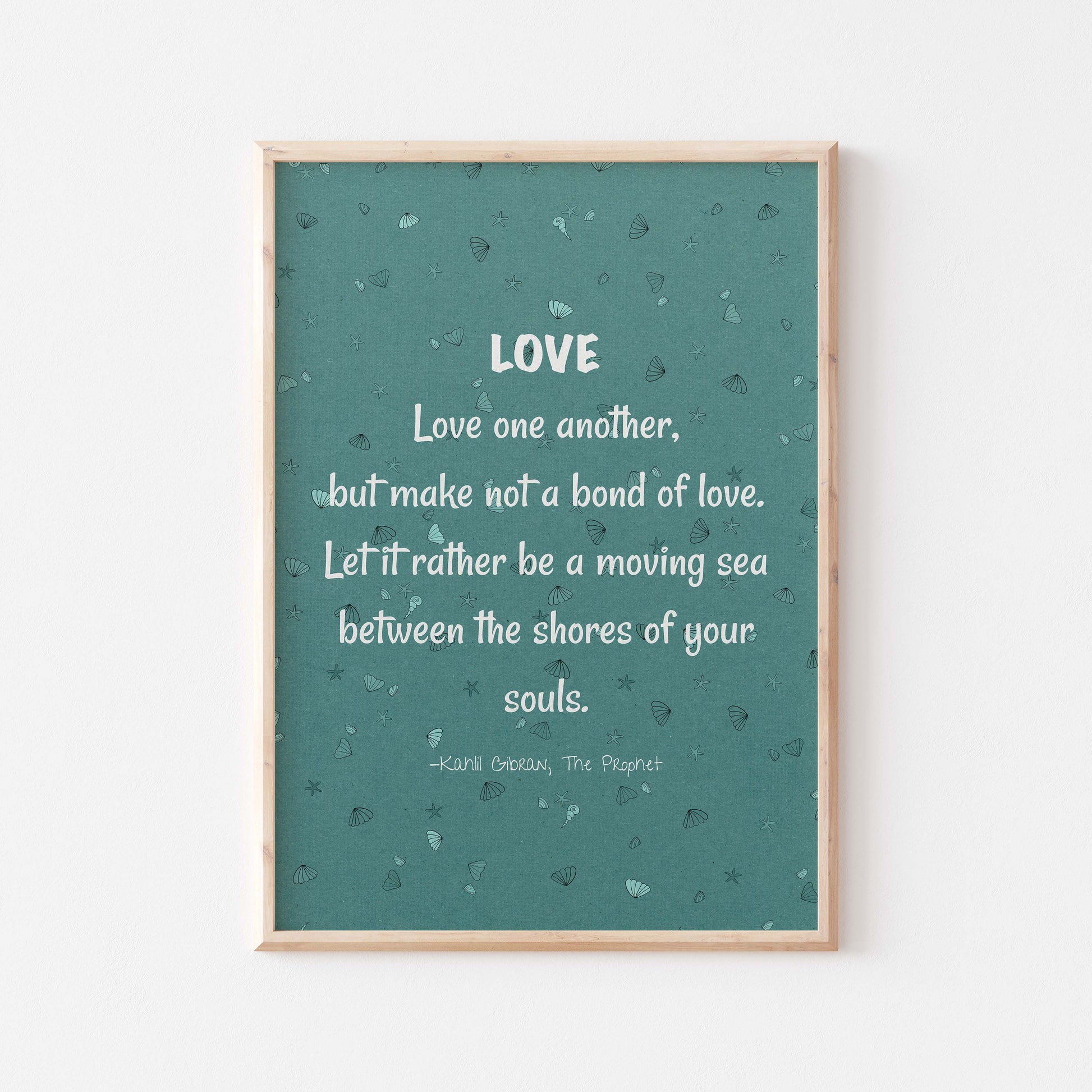 Kahlil Gibran on love quote blue & white poster in wood frame