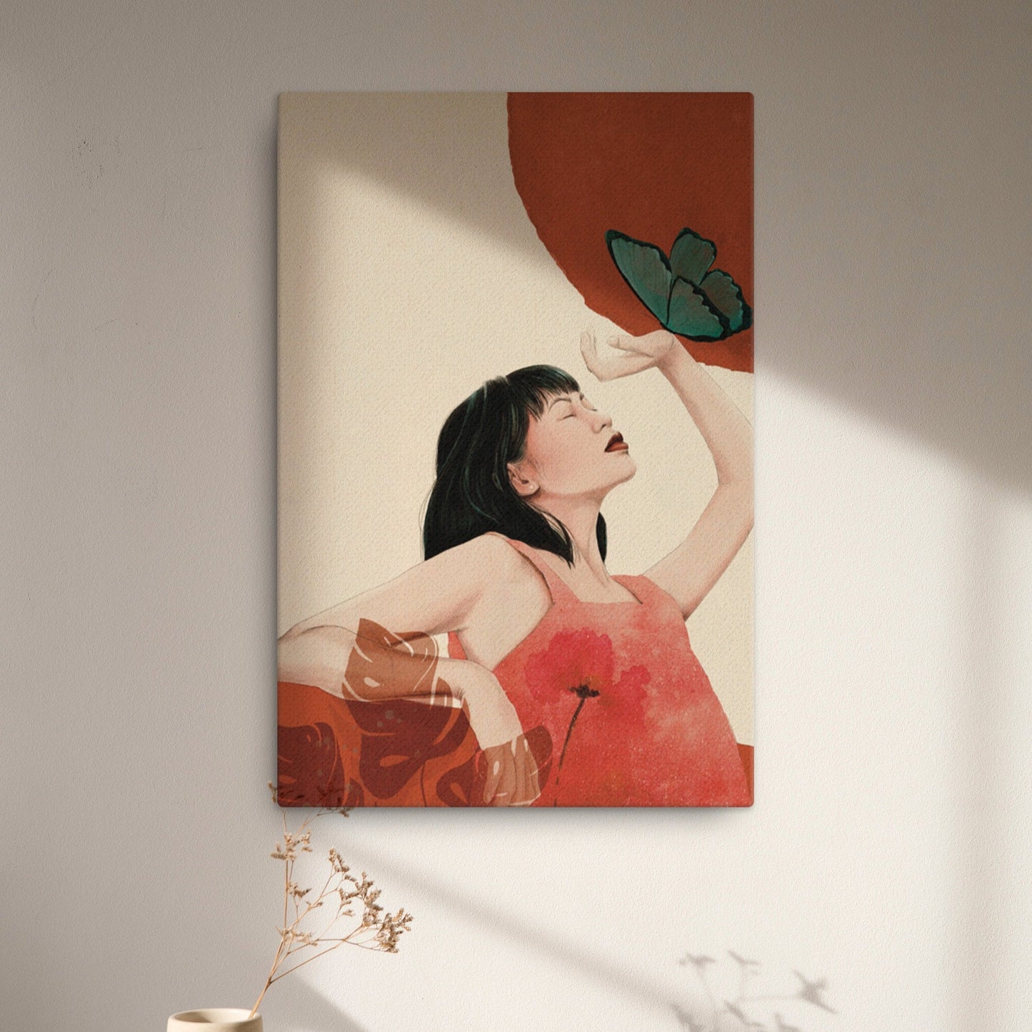 Girl with butterfly sun wall art in earthly colors orange, beige, brown canvas print